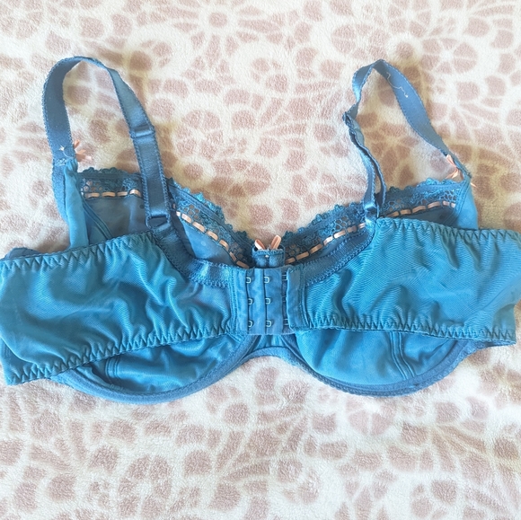 Curvy Kate Bra 44F Blue Sheer Lace Pink Bows Polka Dot Underwire Unpadded Plus - Picture 3 of 4